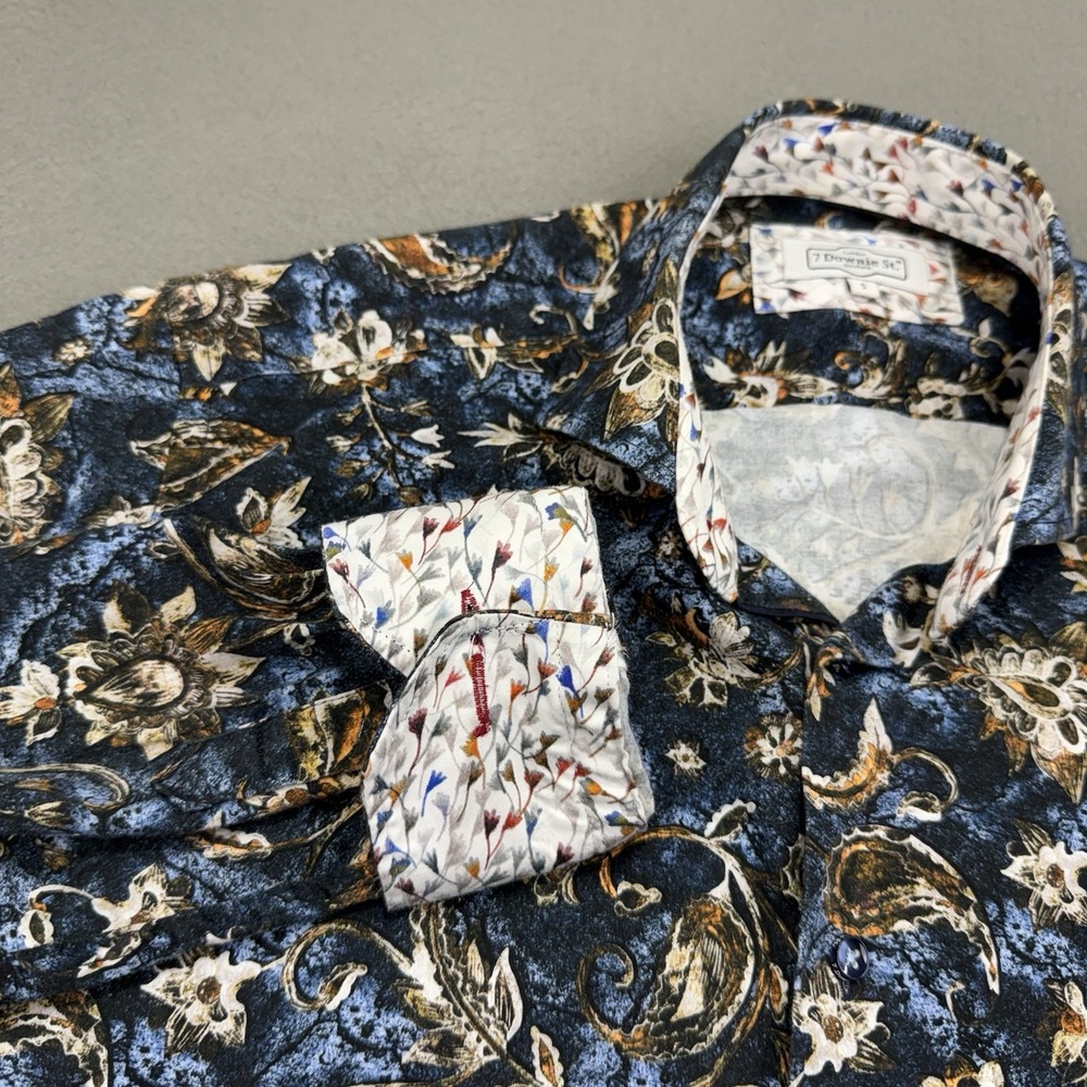 7 Downie St Mens 5 L Blue Gold Paisley Dress Shirt Slim Fit Flip Cuff Collared